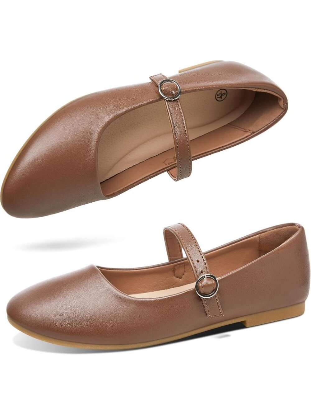 Women's Brown PU Leather Mary Jane Round Toe Ballet Flats Casual Office Shoes